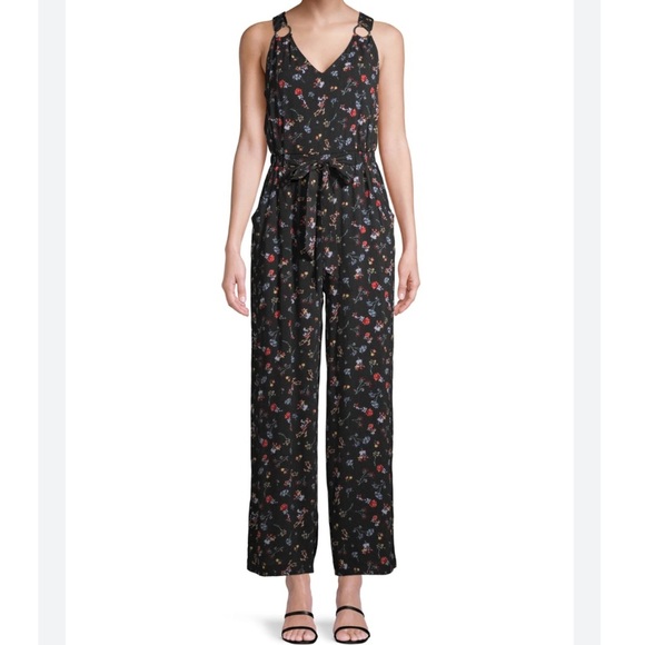No Boundaries Pants - Black Floral Jumpsuit tie waist